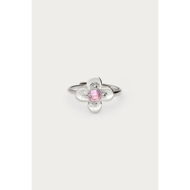 Botanical ring met bloem en roze strass steen zilverkleurig