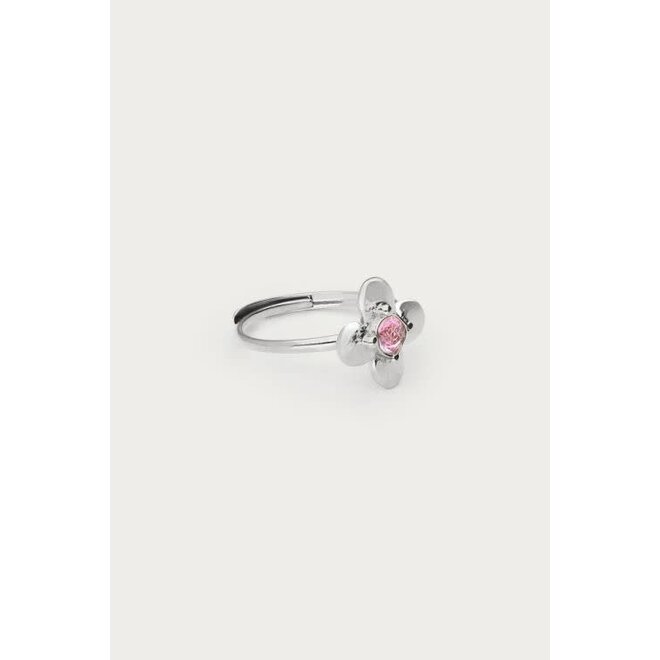 Botanical ring met bloem en roze strass steen zilverkleurig