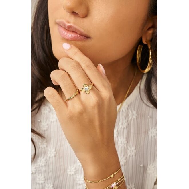 Botanical ring met bloem en strass steen goudkleurig