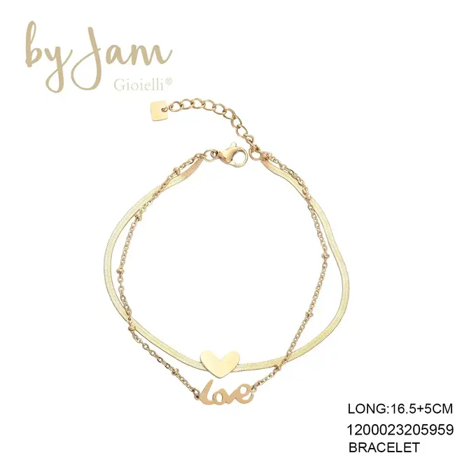 By Jam dubbele armband met love en hart bedel