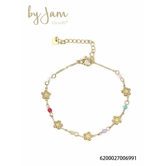 By Jam armband met bloemetjes en gekleurde kralen