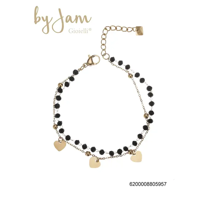By Jam dubbele armband met zwarte kralen en hartjes