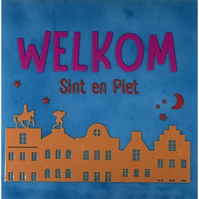 Tegeltje welkom sint en piet lichtblauw/oranje(knalroze-rood)