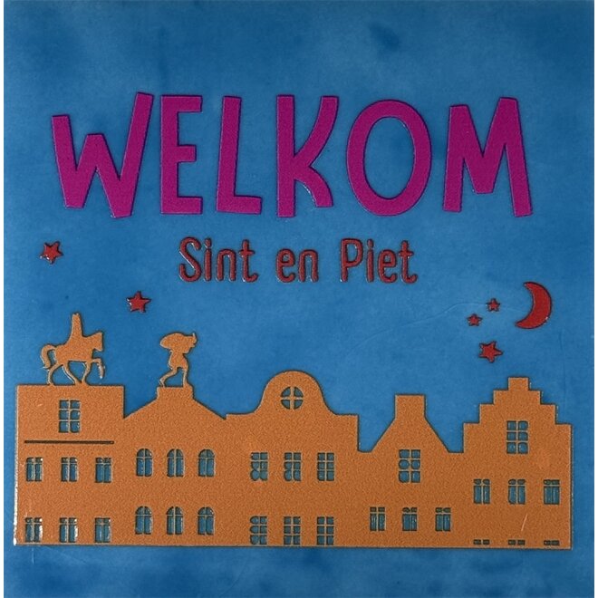 Tegeltje welkom sint en piet lichtblauw/oranje(knalroze-rood)