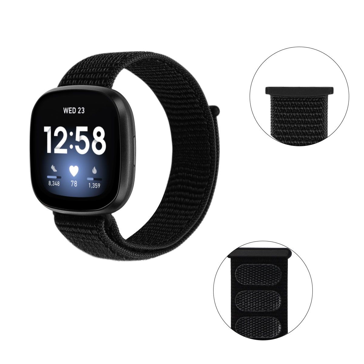 Fitbit Versa 3 / Sense Nylon Velcro Bandje - Zwart