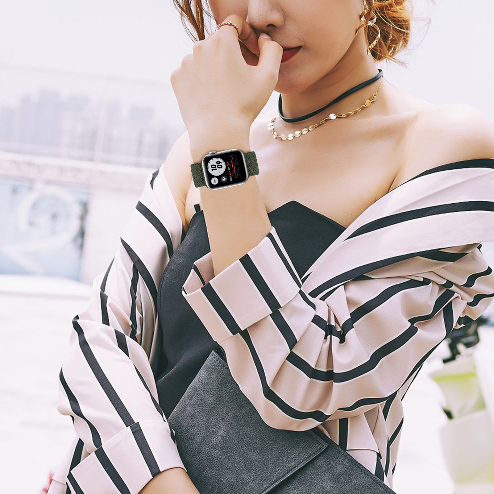YONO Apple Watch Bandje - Gevlochten iWatch Series Solo Loop Band - Groen