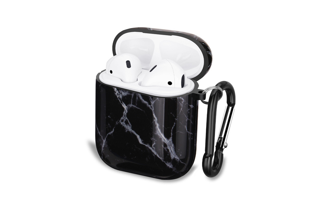 Apple AirPods 1 & 2 Hard Case - Hoesje met Clip - Zwart Marmer