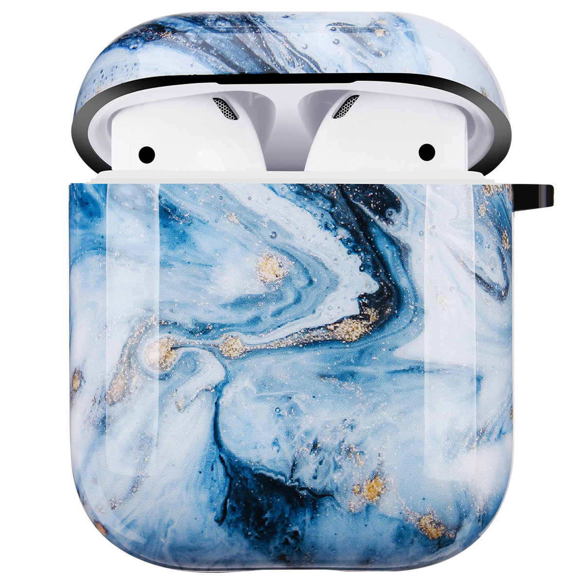 Apple AirPods 1 & 2 Hard Case - Hoesje met Clip - Blauw Marmer