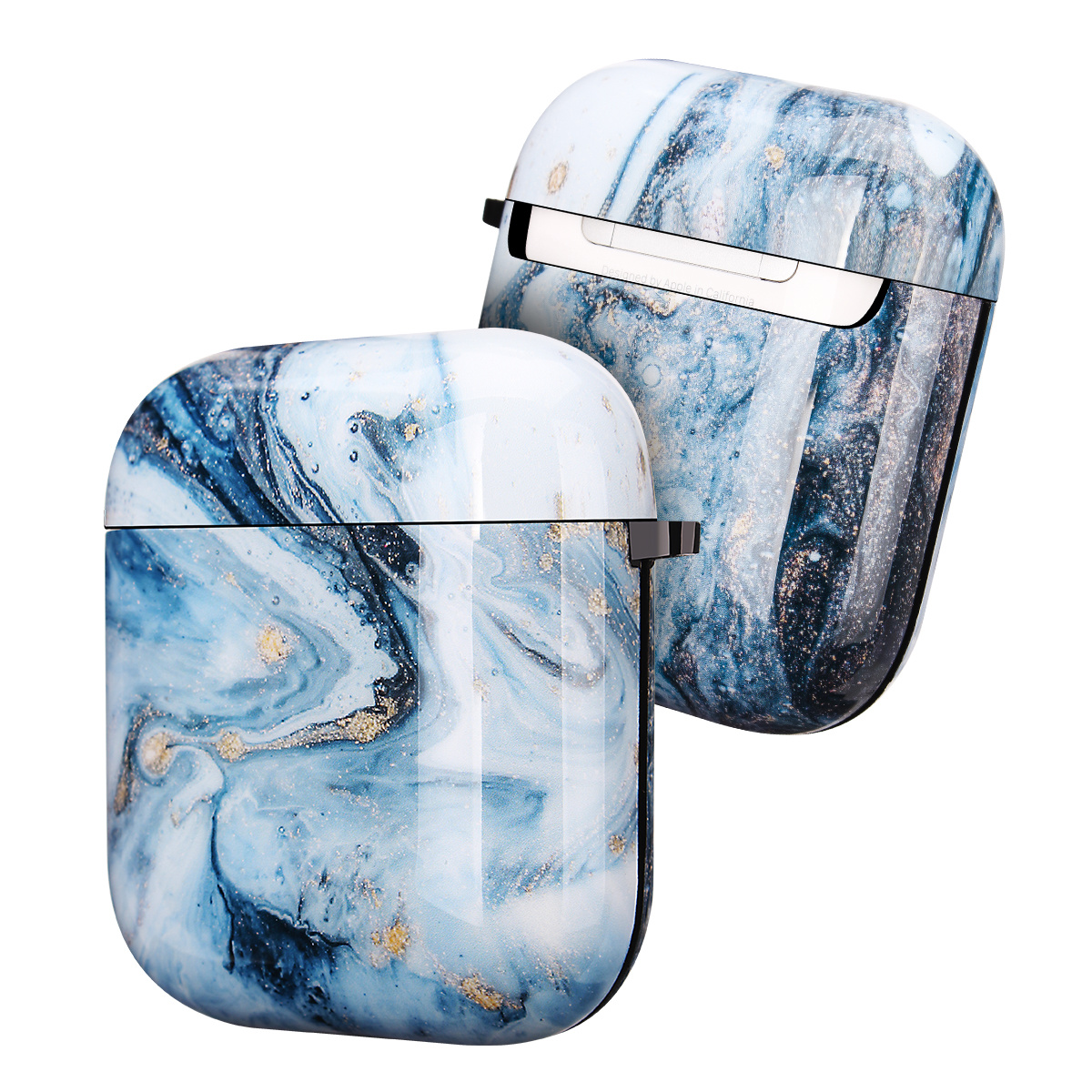 Apple AirPods 1 & 2 Hard Case - Hoesje met Clip - Blauw Marmer