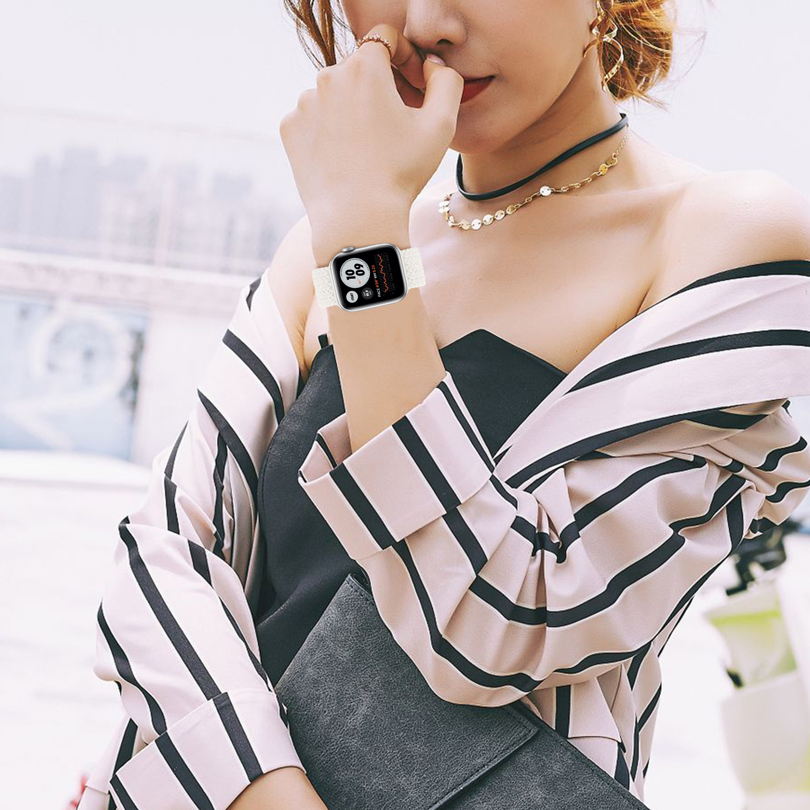 YONO Apple Watch Bandje - Gevlochten iWatch Series Solo Loop Band - Wit