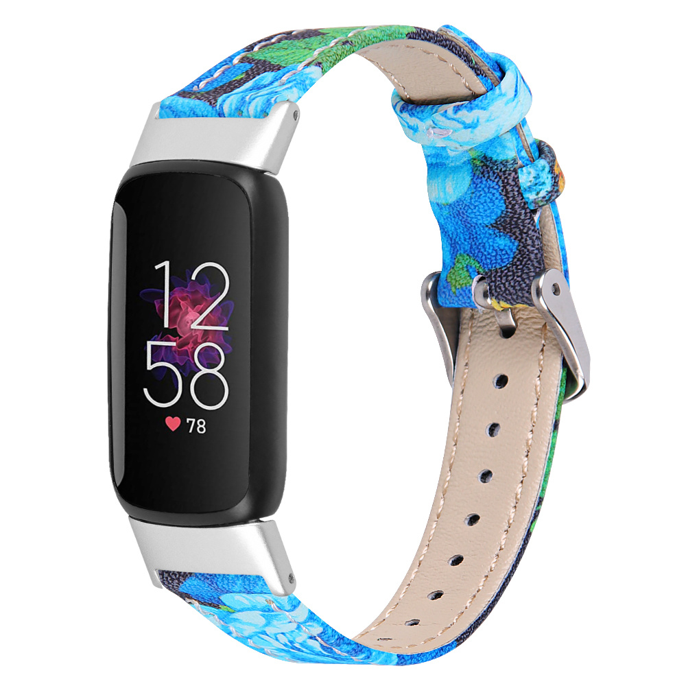 Fitbit Luxe Klassiek Leer Bandje - Bloemen Blauw