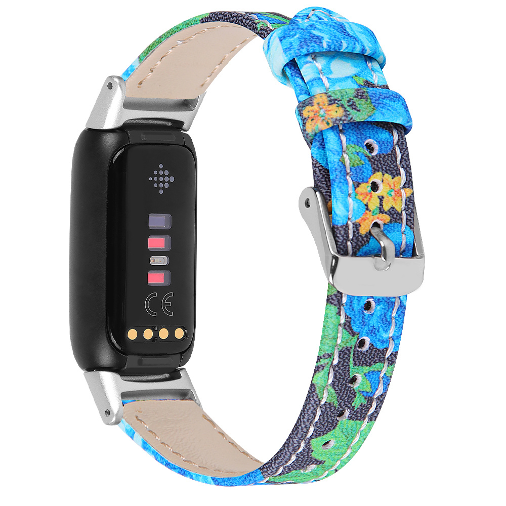 Fitbit Luxe Klassiek Leer Bandje - Bloemen Blauw
