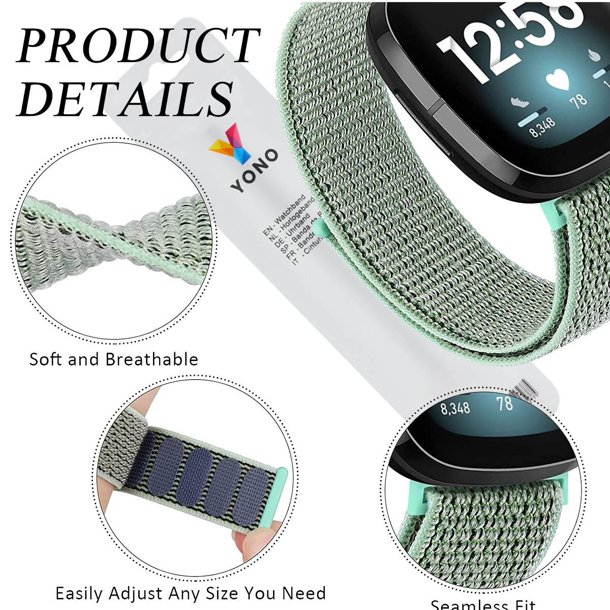 Fitbit Versa 3 / Sense Nylon Velcro Bandje - Mintgroen