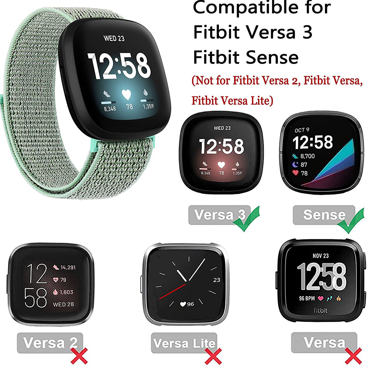 Fitbit Versa 3 / Sense Nylon Velcro Bandje - Mintgroen