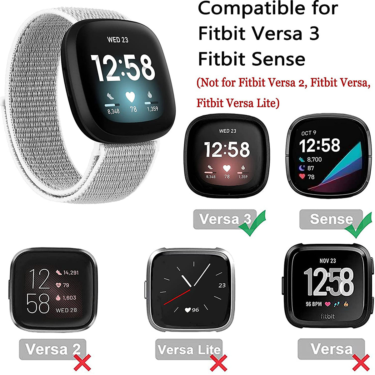 Fitbit Versa 3 / Sense Nylon Velcro Bandje - Lichtgrijs