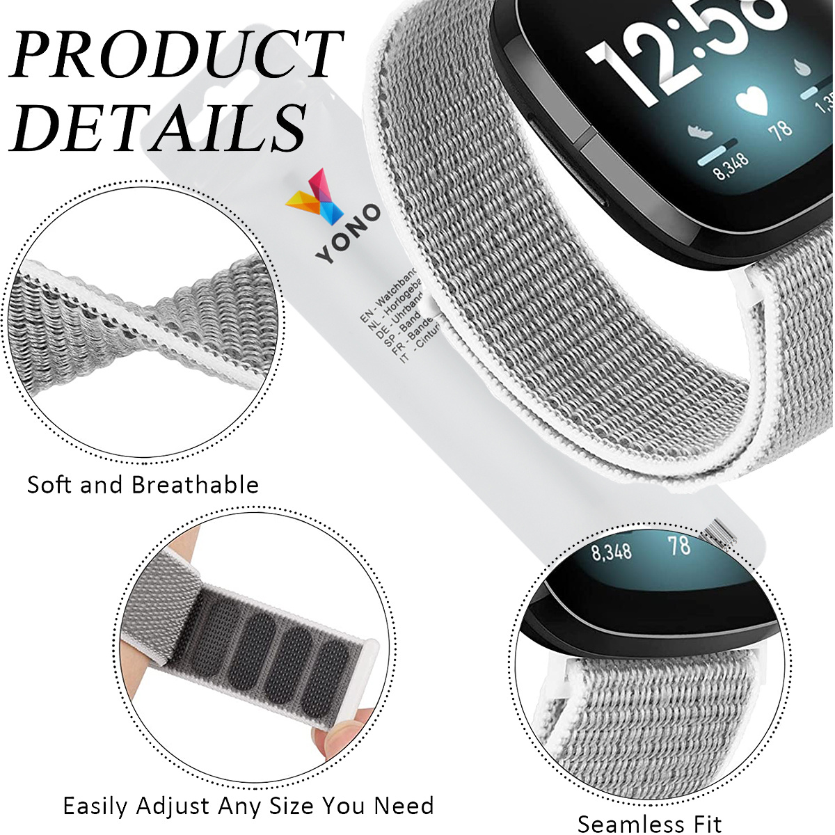 Fitbit Versa 3 / Sense Nylon Velcro Bandje - Lichtgrijs
