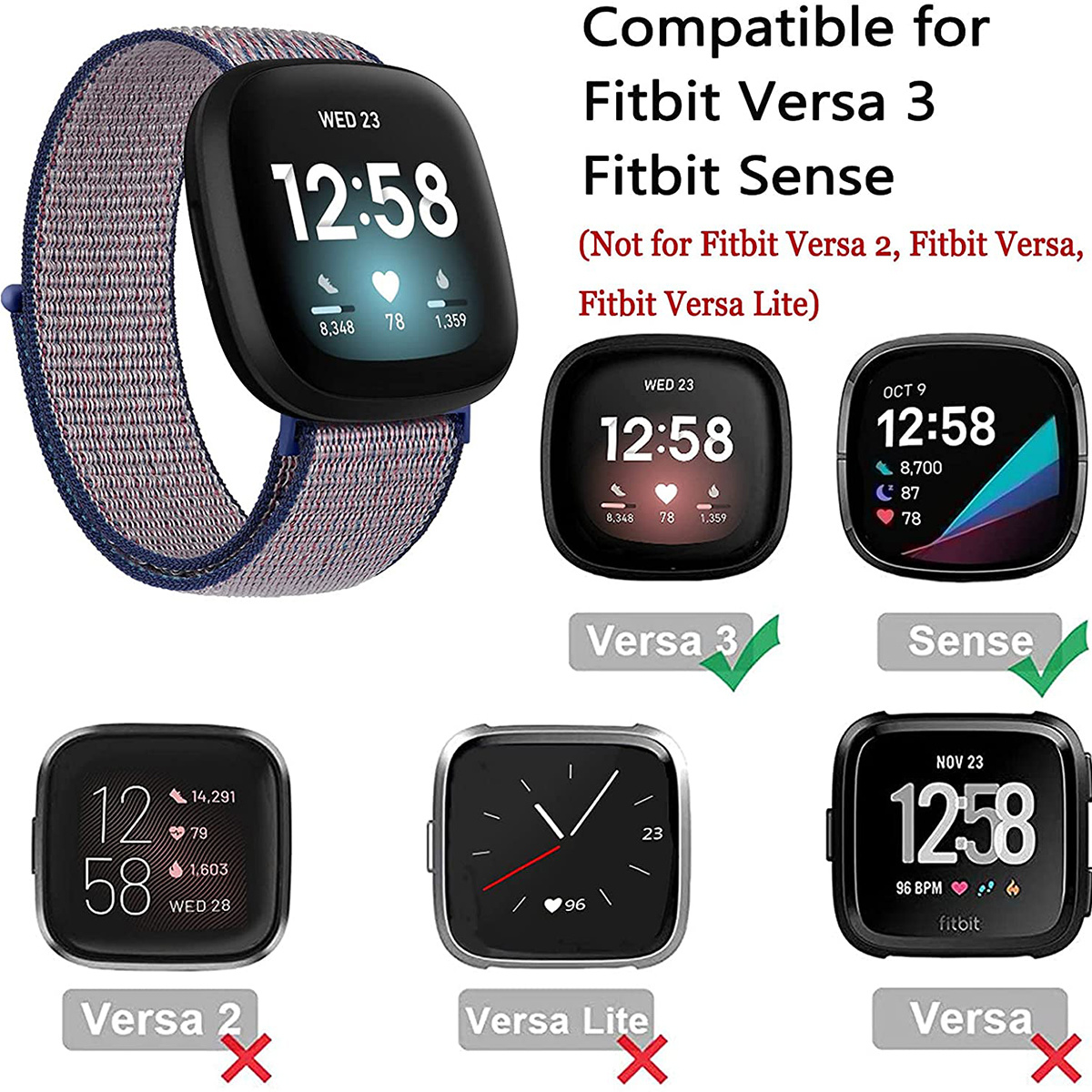 Fitbit Versa 3 / Sense Nylon Velcro Bandje - Donkerblauw