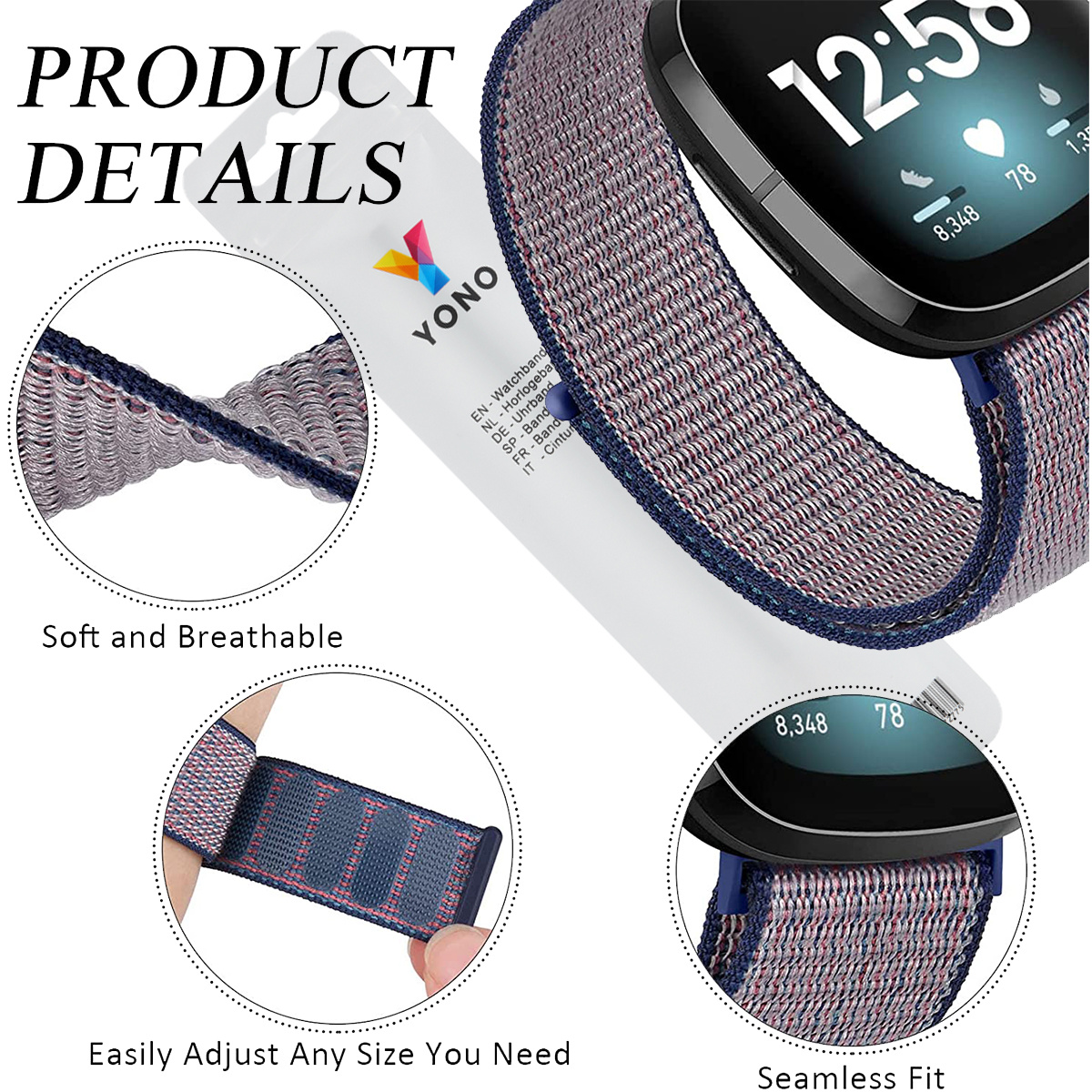 Fitbit Versa 3 / Sense Nylon Velcro Bandje - Donkerblauw