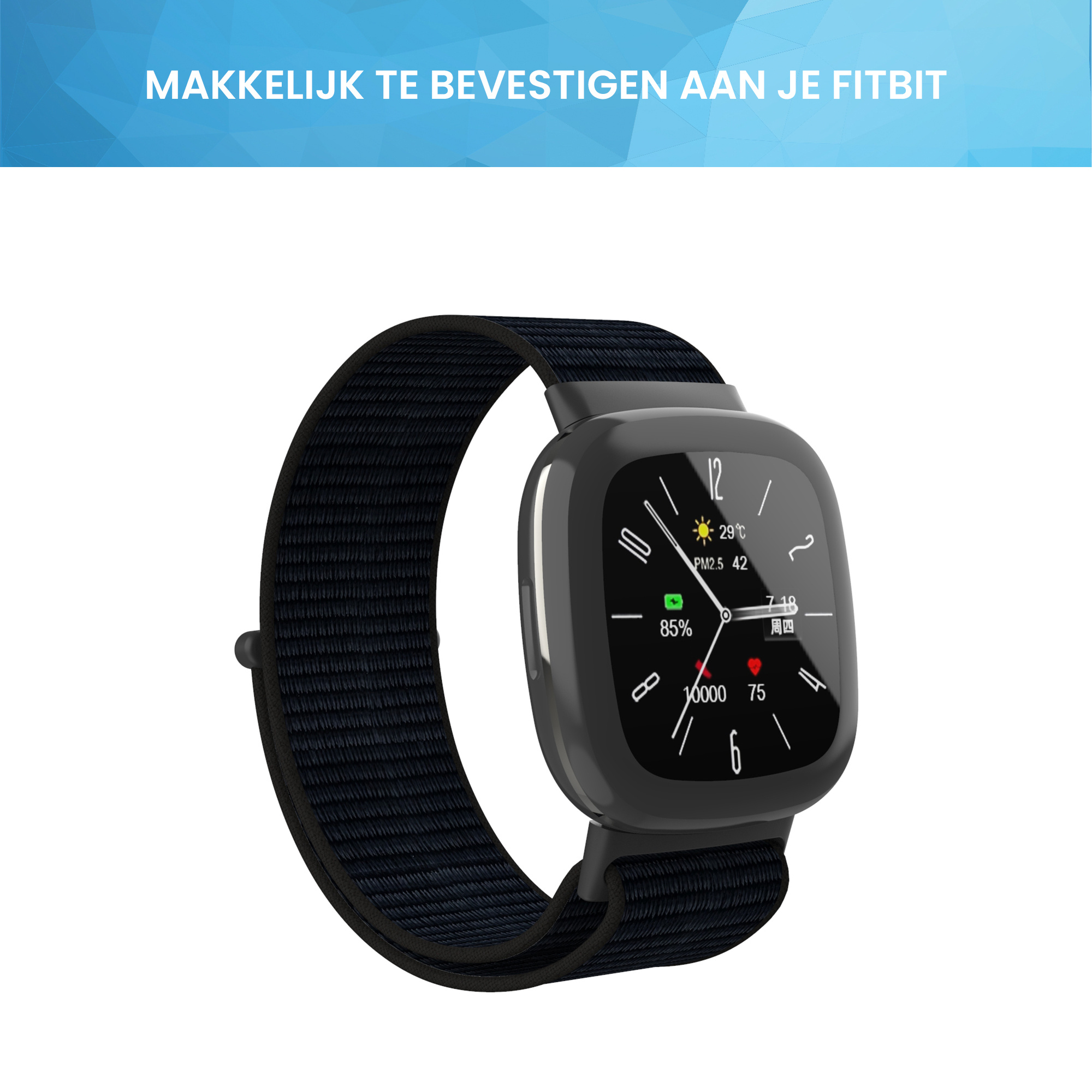Fitbit Versa 4 / Sense 2 Nylon Velcro Bandje - Zwart