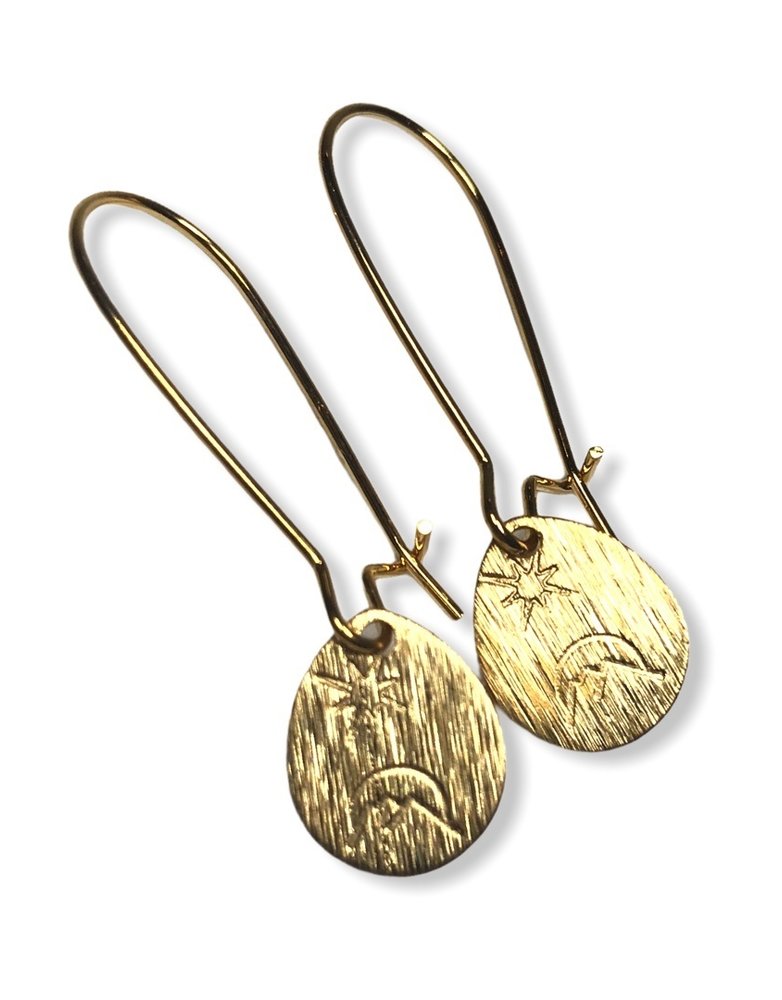 KAIKO STUDIO Hand Stamped Brass Star and Moon Pear Drop Earrings