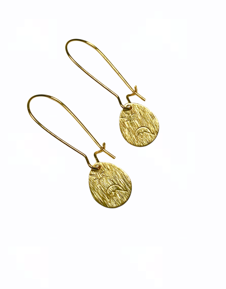 KAIKO STUDIO Hand Stamped Brass Star and Moon Pear Drop Earrings