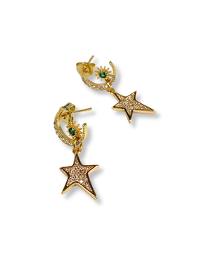 ANGELA D'ARCY Moon and Star Green Earrings