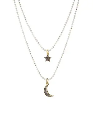 ANGELA D'ARCY Double Layer Moon and Star White Necklace