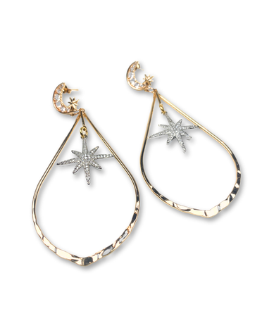 ANGELA D'ARCY Teardrop Silver Star and Moon Earrings