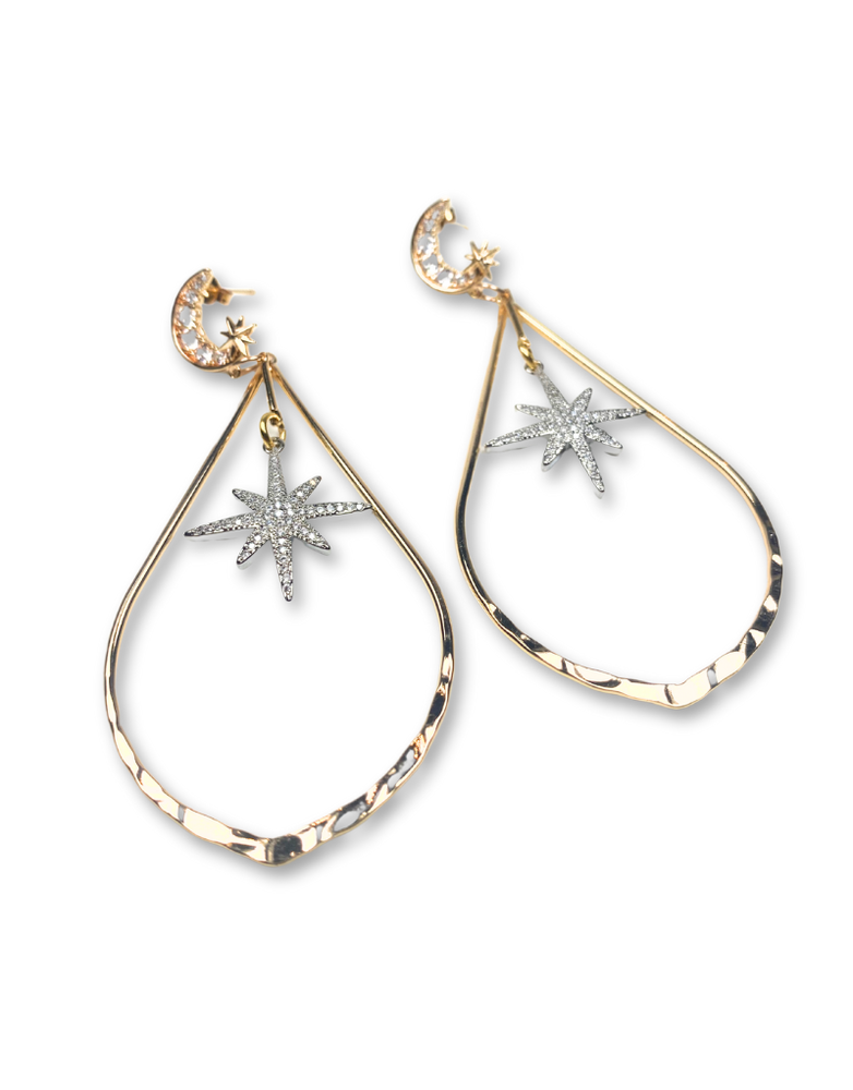 ANGELA D'ARCY Teardrop Silver Star and Moon Earrings