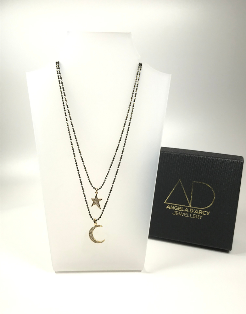 ANGELA D'ARCY Double Layer Moon and Star Black Necklace
