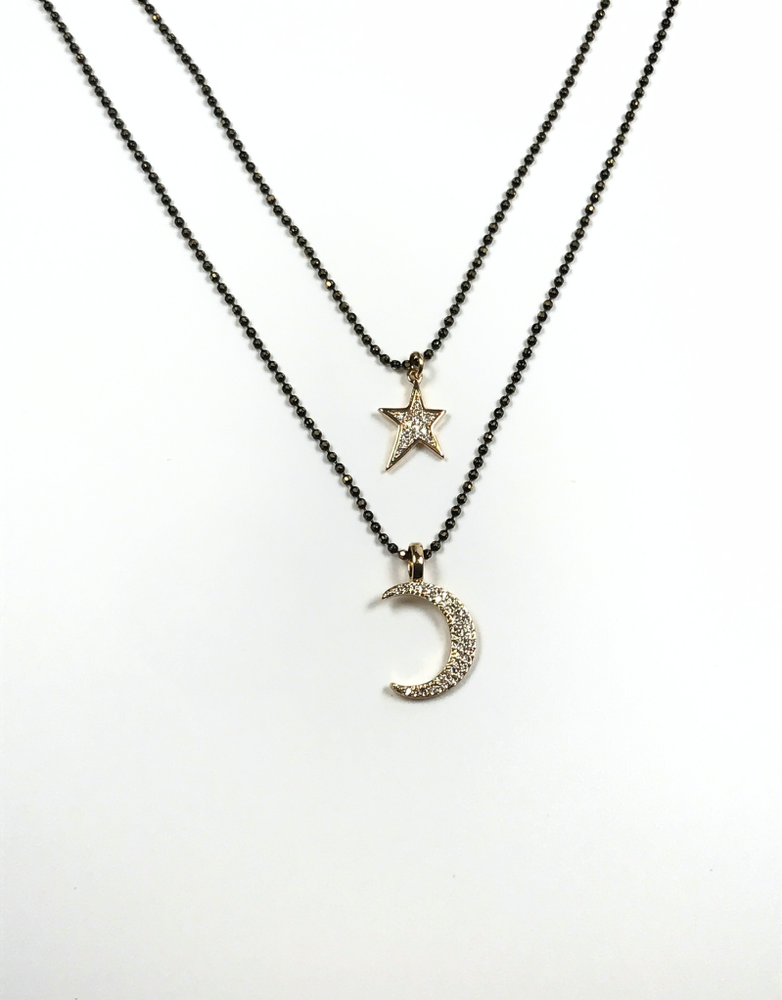 ANGELA D'ARCY Double Layer Moon and Star Black Necklace
