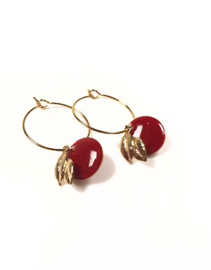 KAIKO STUDIO Red Enamel Disc and Leaf Hoops Earrings