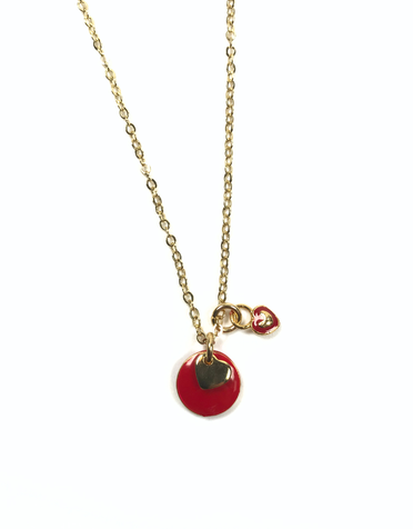 KAIKO STUDIO Red Enamel Disc and Heart Gold Necklace