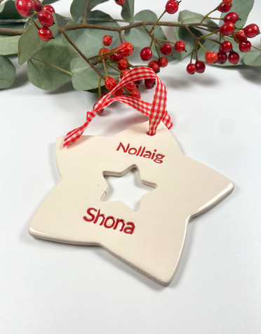MAPLE TREE POTTERY Ceramic Christmas Decoration - Nollaig Shona Red Star