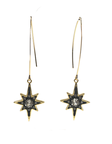 ANGELA D'ARCY Compass Star Gunmetal Long Hook Earrings