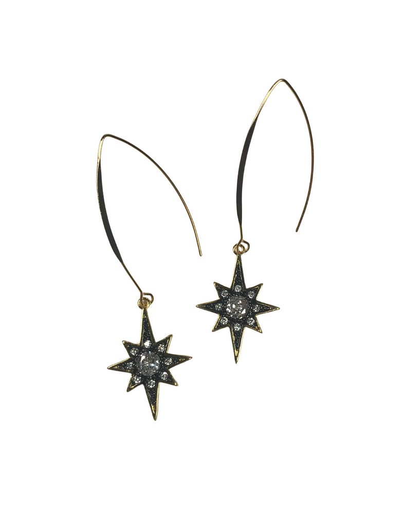 ANGELA D'ARCY Compass Star Gunmetal Long Hook Earrings