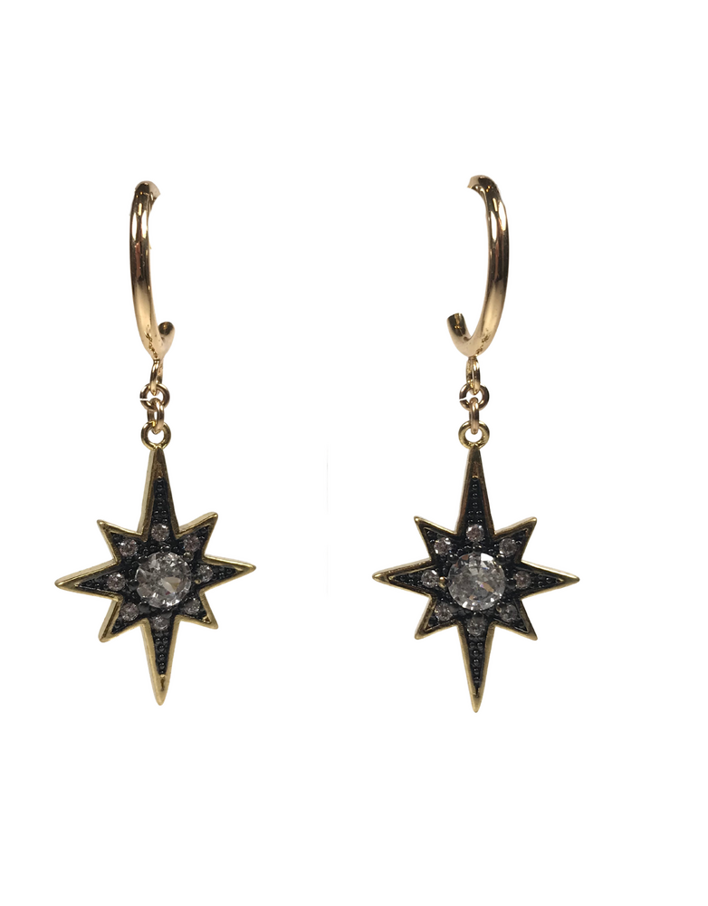 ANGELA D'ARCY Earrings Compass Star Gunmetal Half Hoop Large