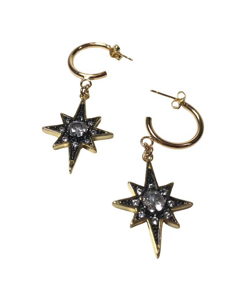 ANGELA D'ARCY Earrings Compass Star Gunmetal Half Hoop Large