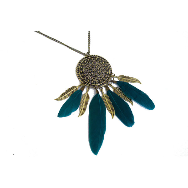 Ketting Bohemian Style Blauwe veren  — Blauw