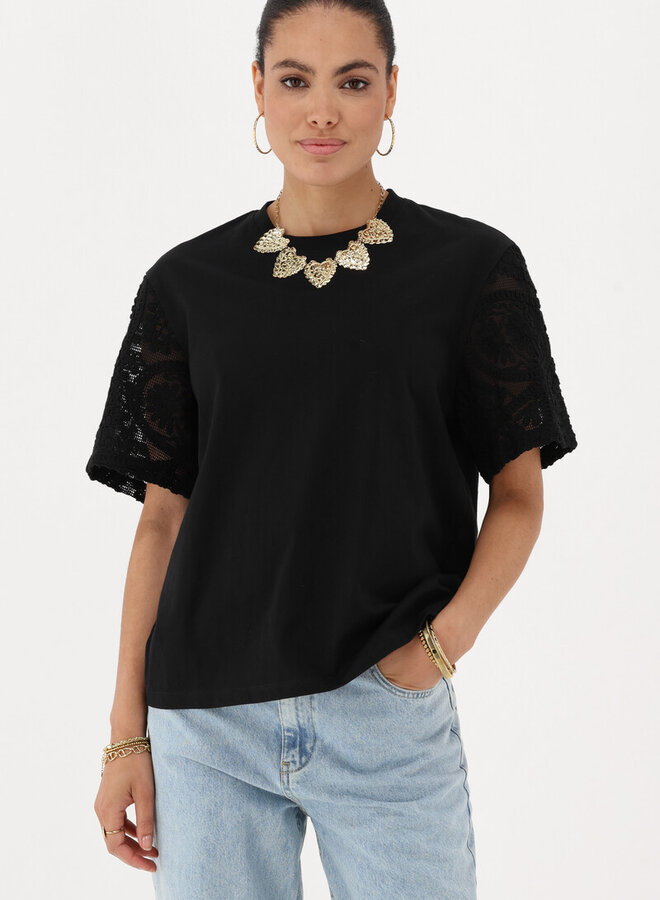 T-Shirt Embroidery Mouwen MJ13856-1100 - Zwart