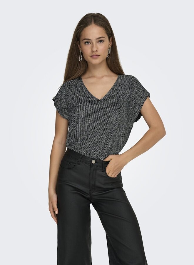 Top ONLCAROL V-NECK 15360960 - Black Stripes & Silver Glitter