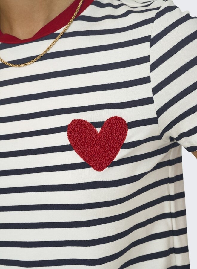 Only T-Shirt ONLHEART 15318959 - Cloud Dancer Stripes:NIGHT SKY / RED HEART