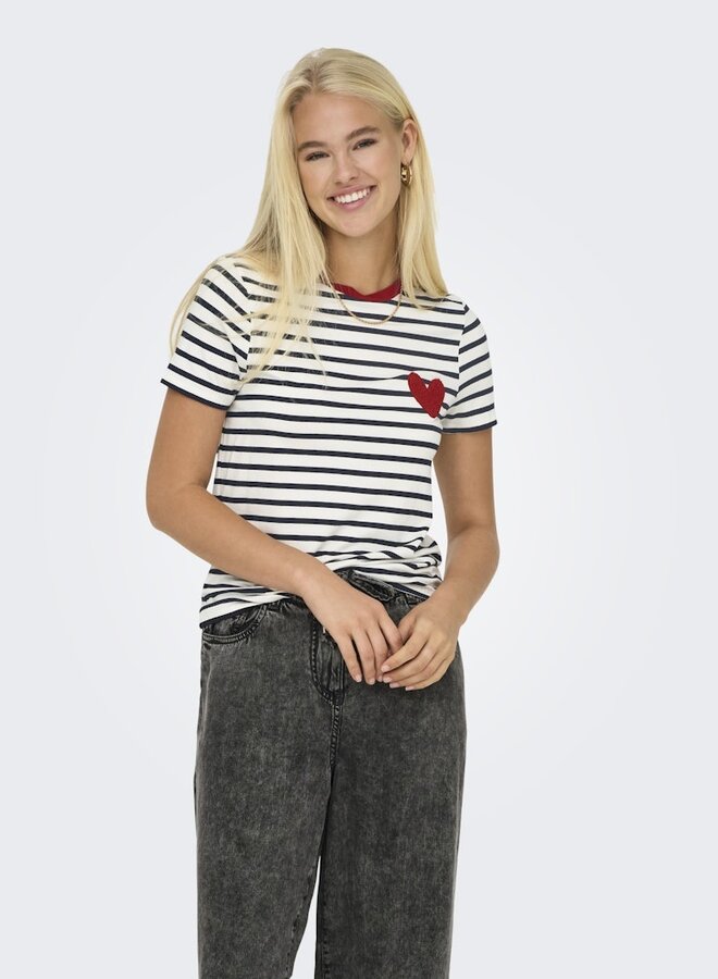 Only T-Shirt ONLHEART 15318959 - Cloud Dancer Stripes:NIGHT SKY / RED HEART