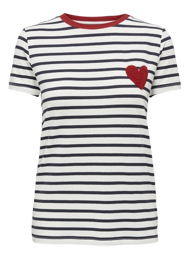 Only T-Shirt 15318959 - Cloud Dancer Stripes:NIGHT SKY / RED HEART