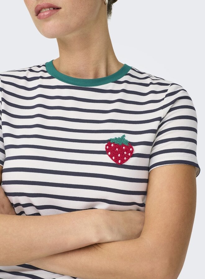 Only T-Shirt 15318959 - Cloud Dancer Stripes:NIGHT SKY/ FLAMINGO