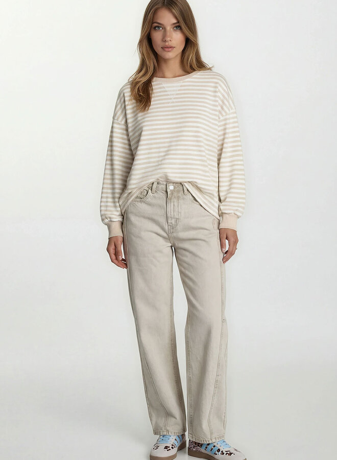 T-Shirt Longsleeve Streep 13030 - Beige/wit