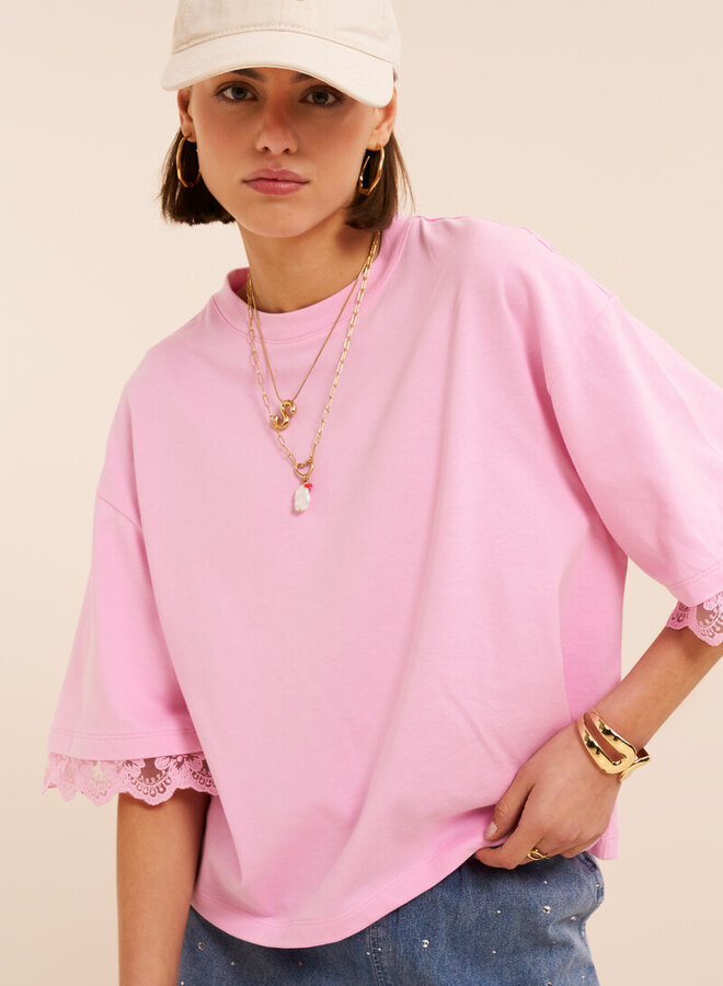 T-Shirt Met Kanten Mouwen MJ16301-0725 - Roze