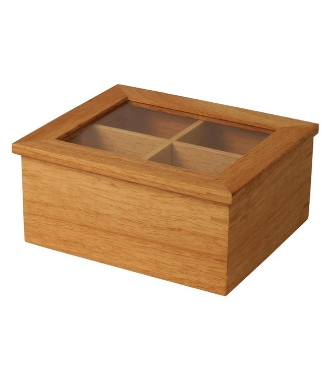 Theedoos mini 4-vaks met deksel 200 x 160 x 90 mm heveahout - Fusion plus