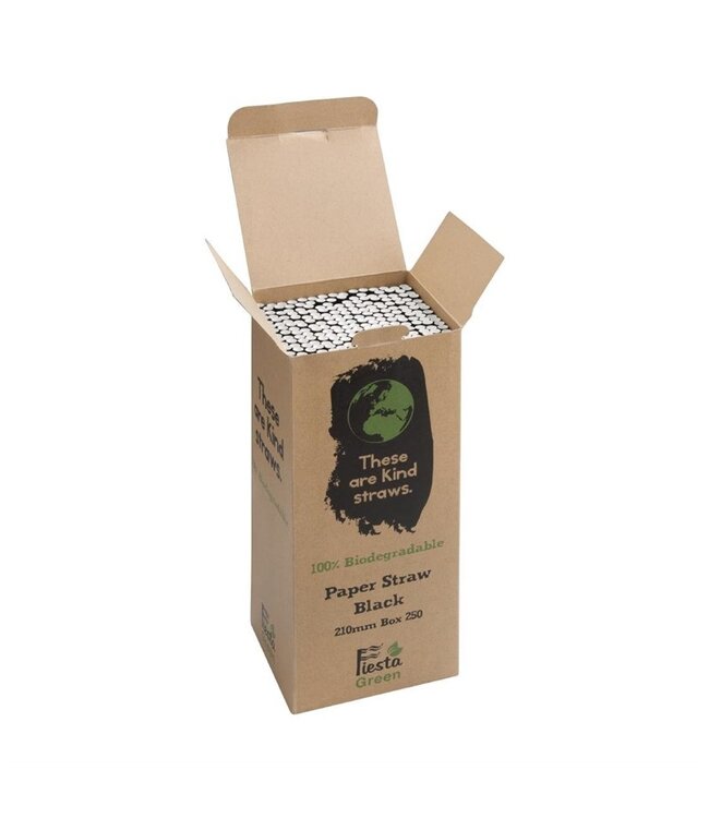 Rietje biologisch afbreekbaar zwart gestreept 6 x 210 mm papier - Fiesta Green  | prijs & verp per 250 stuks