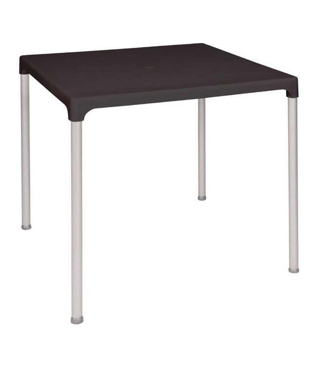 Tafel vierkant zwart met aluminium poten en parasol gat 750 x 750 x 720 mm - Polypropyleen